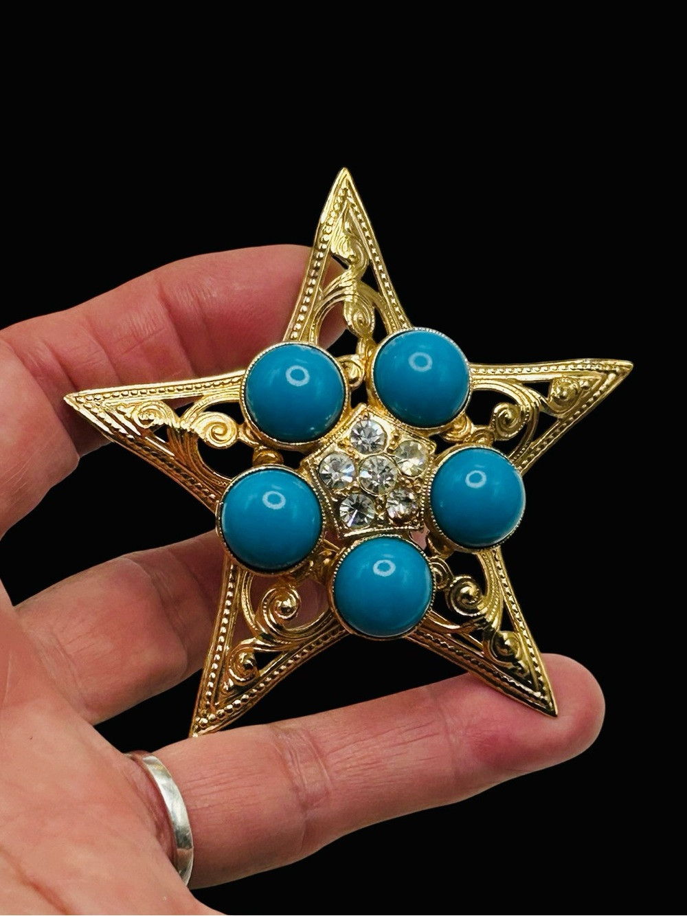 Vintage Star Brooch Blue Cabochon Rhinestone